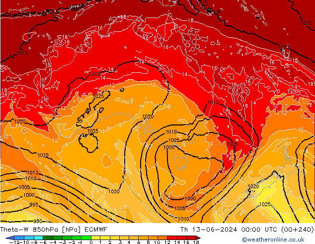 Theta-W 850hPa ECMWF Th 13.06.2024 00 UTC