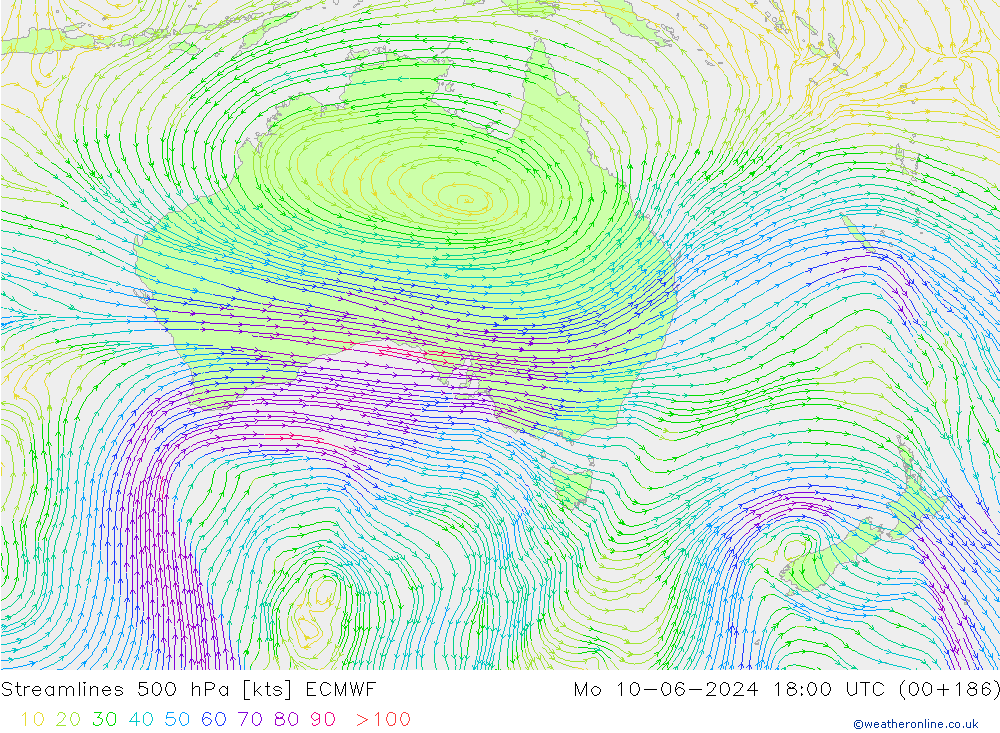 Linia prądu 500 hPa ECMWF pon. 10.06.2024 18 UTC