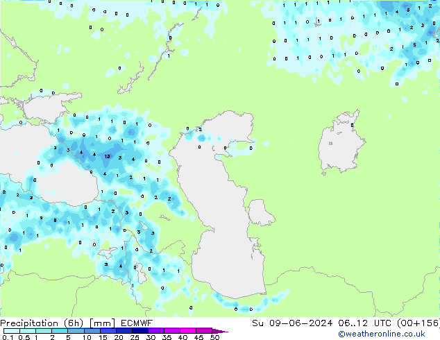 Precipitation (6h) ECMWF Su 09.06.2024 12 UTC