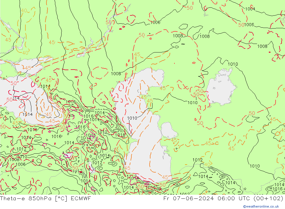 Theta-e 850hPa ECMWF Sex 07.06.2024 06 UTC