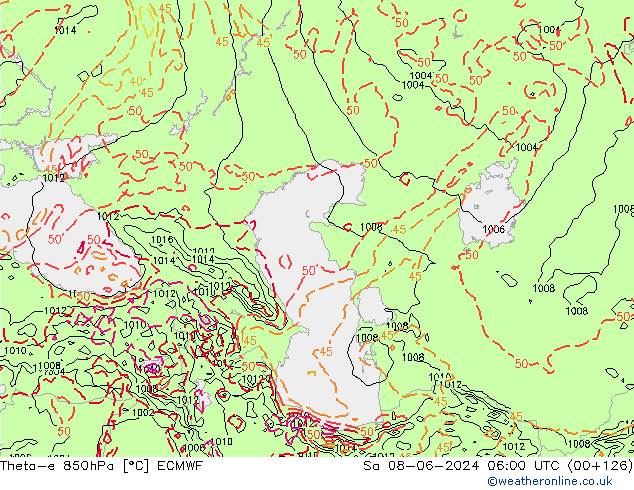 Theta-e 850hPa ECMWF Sáb 08.06.2024 06 UTC