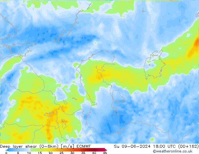 Deep layer shear (0-6km) ECMWF Su 09.06.2024 18 UTC