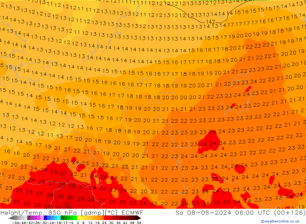 Hoogte/Temp. 850 hPa ECMWF za 08.06.2024 06 UTC