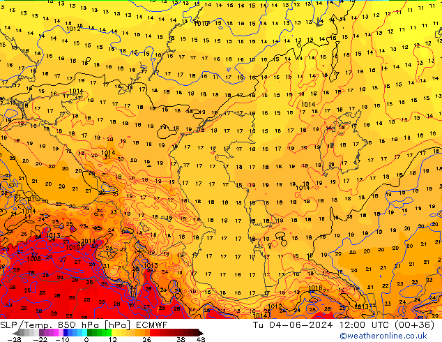 SLP/Temp. 850 hPa ECMWF Ter 04.06.2024 12 UTC