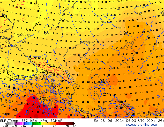 SLP/Temp. 850 hPa ECMWF So 08.06.2024 06 UTC