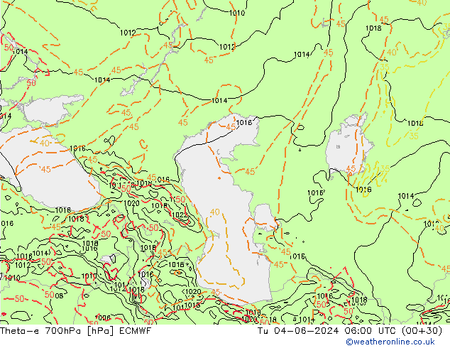 Theta-e 700hPa ECMWF Sa 04.06.2024 06 UTC