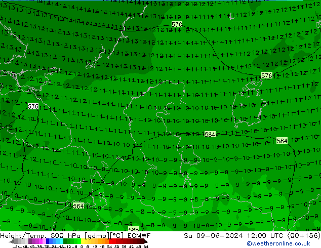 Z500/Rain (+SLP)/Z850 ECMWF Dom 09.06.2024 12 UTC