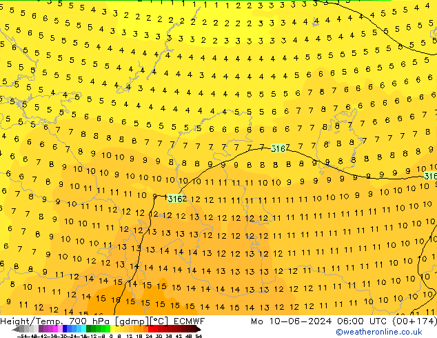 Yükseklik/Sıc. 700 hPa ECMWF Pzt 10.06.2024 06 UTC