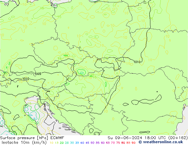 Isotachen (km/h) ECMWF zo 09.06.2024 18 UTC