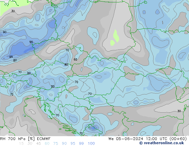 RH 700 hPa ECMWF Qua 05.06.2024 12 UTC