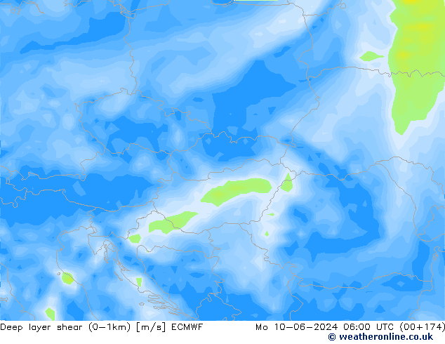Deep layer shear (0-1km) ECMWF Pzt 10.06.2024 06 UTC