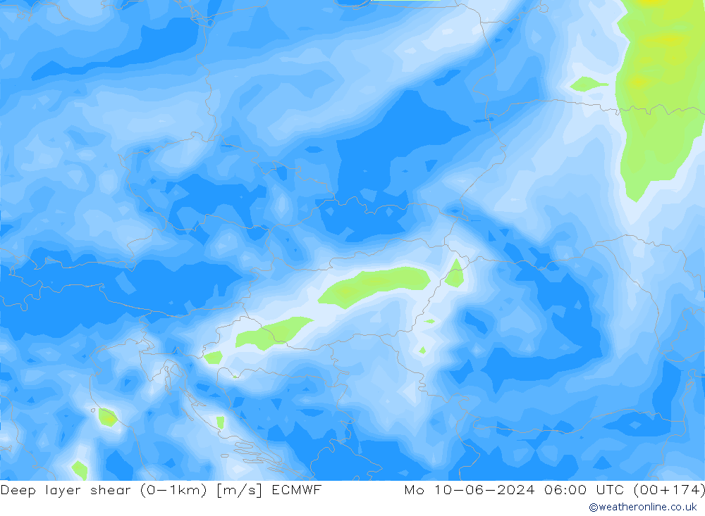 Deep layer shear (0-1km) ECMWF Mo 10.06.2024 06 UTC