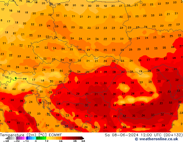 Temperature (2m) ECMWF Sa 08.06.2024 12 UTC