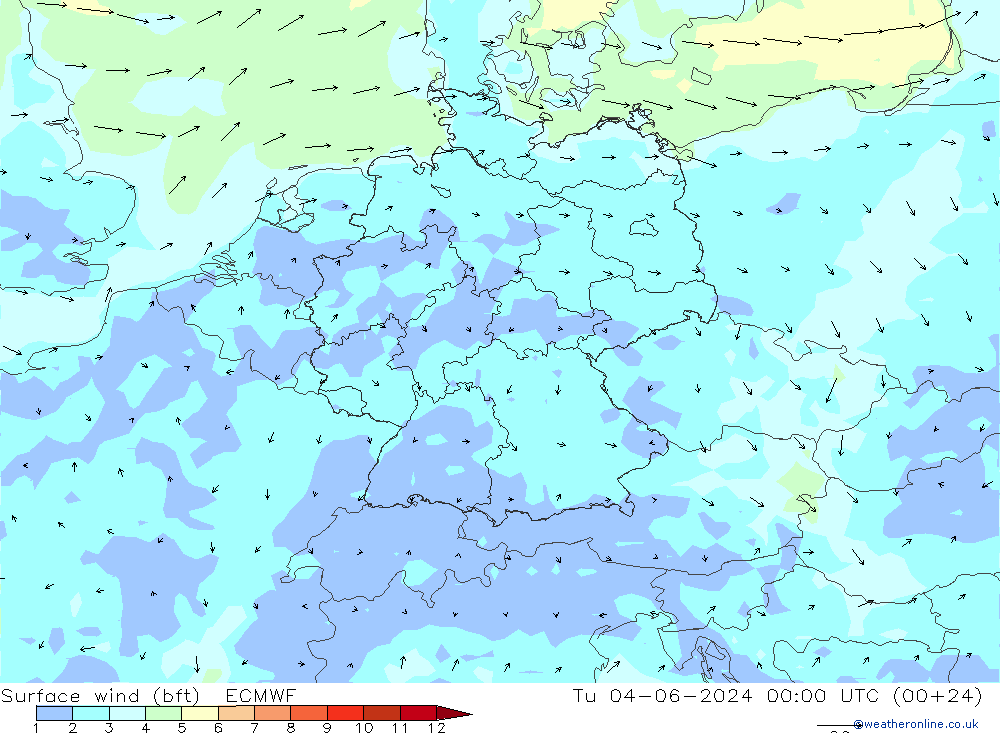 ве�Bе�@ 10 m (bft) ECMWF вт 04.06.2024 00 UTC