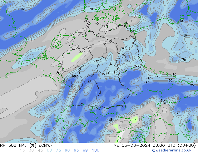 Humidité rel. 300 hPa ECMWF lun 03.06.2024 00 UTC