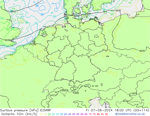 Eşrüzgar Hızları (km/sa) ECMWF Cu 07.06.2024 18 UTC