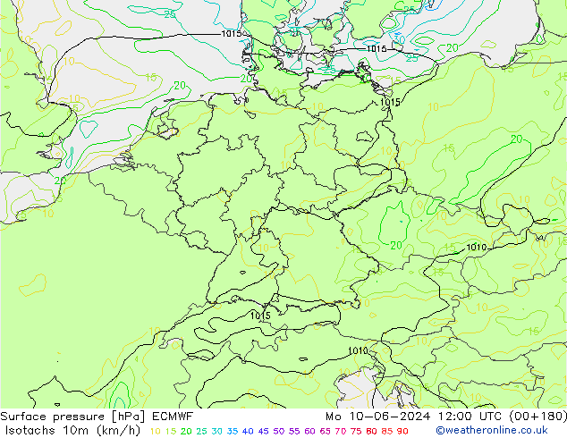 Isotachen (km/h) ECMWF Mo 10.06.2024 12 UTC