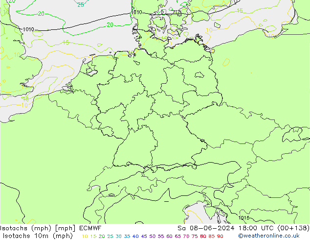 Isotachs (mph) ECMWF Sáb 08.06.2024 18 UTC