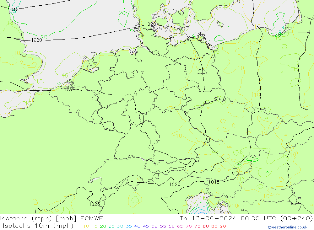 Isotachs (mph) ECMWF Th 13.06.2024 00 UTC