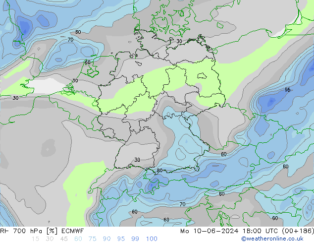 Humidité rel. 700 hPa ECMWF lun 10.06.2024 18 UTC