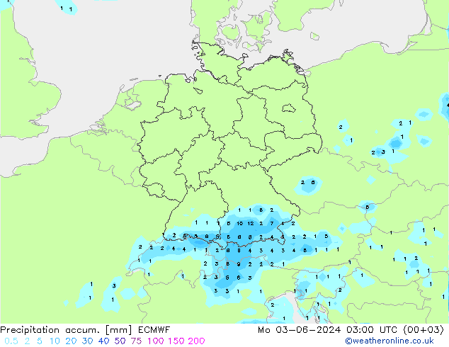 Precipitation accum. ECMWF 星期一 03.06.2024 03 UTC