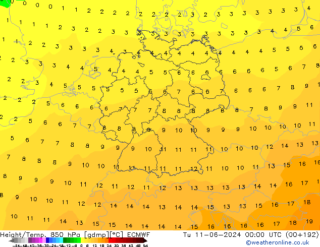 Z500/Rain (+SLP)/Z850 ECMWF вт 11.06.2024 00 UTC