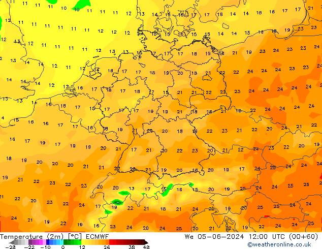 mapa temperatury (2m) ECMWF śro. 05.06.2024 12 UTC