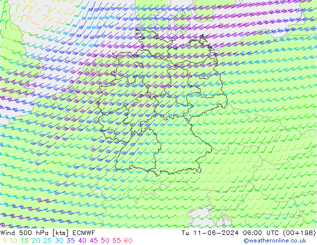 wiatr 500 hPa ECMWF wto. 11.06.2024 06 UTC