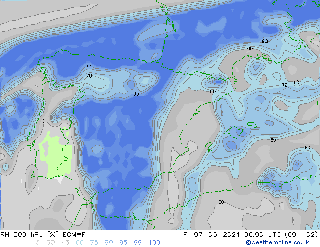 RH 300 hPa ECMWF Fr 07.06.2024 06 UTC