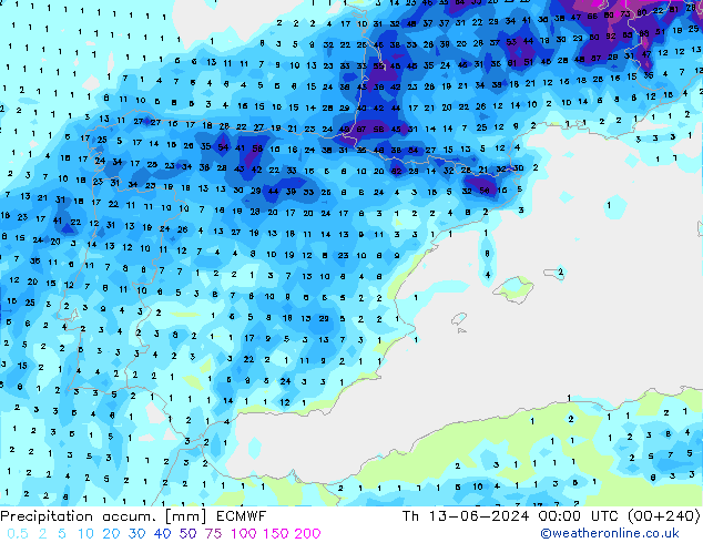 Precipitation accum. ECMWF gio 13.06.2024 00 UTC