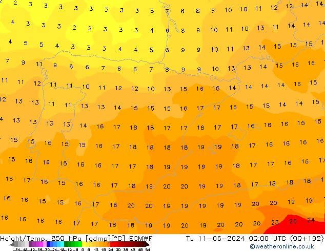 Hoogte/Temp. 850 hPa ECMWF di 11.06.2024 00 UTC