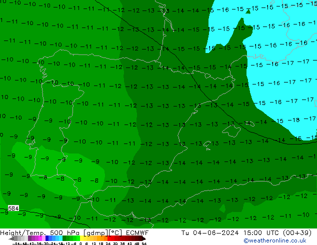 Height/Temp. 500 hPa ECMWF Út 04.06.2024 15 UTC