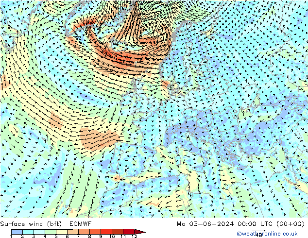 Surface wind (bft) ECMWF Mo 03.06.2024 00 UTC