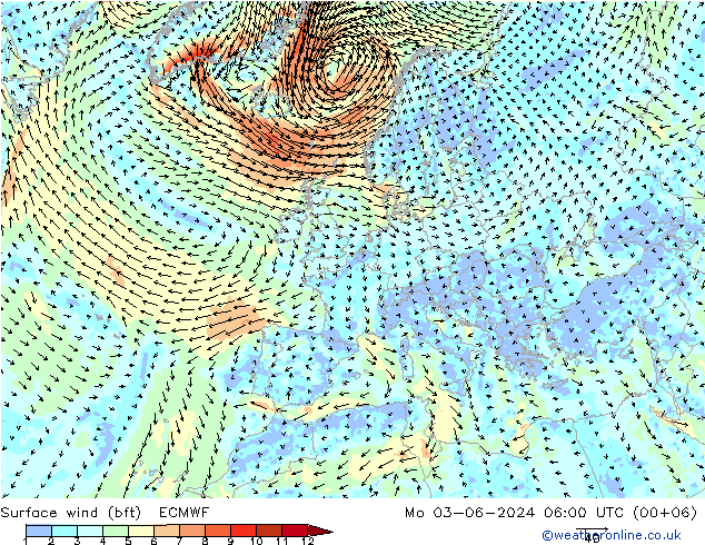 Surface wind (bft) ECMWF Mo 03.06.2024 06 UTC