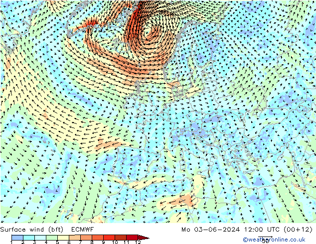 Surface wind (bft) ECMWF Po 03.06.2024 12 UTC