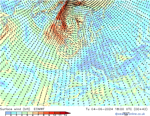 Surface wind (bft) ECMWF Tu 04.06.2024 18 UTC