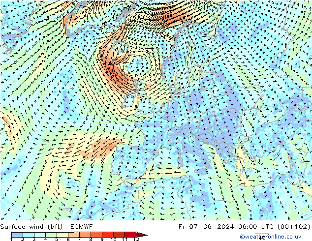 Surface wind (bft) ECMWF Fr 07.06.2024 06 UTC