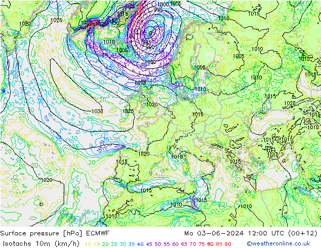 Isotachen (km/h) ECMWF Mo 03.06.2024 12 UTC