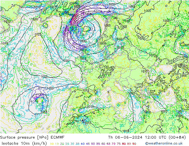 Izotacha (km/godz) ECMWF czw. 06.06.2024 12 UTC