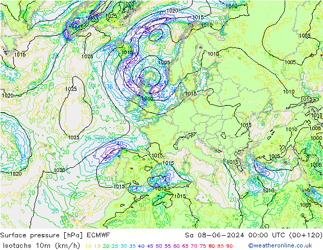 Isotachen (km/h) ECMWF Sa 08.06.2024 00 UTC