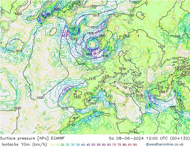 Isotachs (kph) ECMWF Sáb 08.06.2024 12 UTC