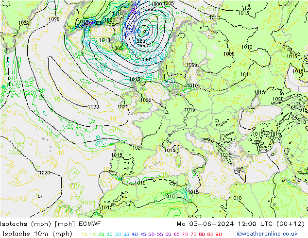 Isotachen (mph) ECMWF Mo 03.06.2024 12 UTC