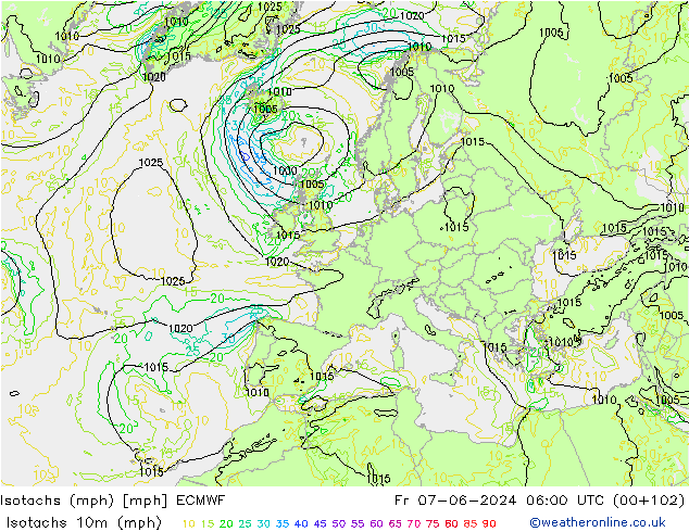 Isotachs (mph) ECMWF Fr 07.06.2024 06 UTC