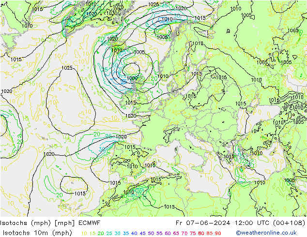 Isotachs (mph) ECMWF Pá 07.06.2024 12 UTC