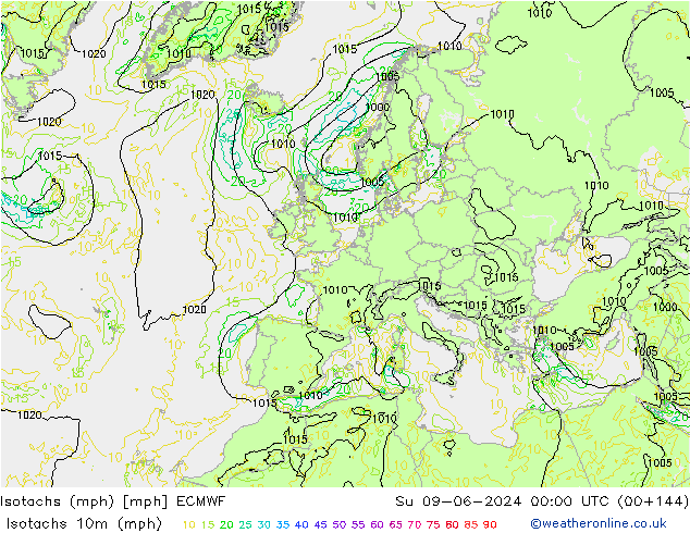 Isotachs (mph) ECMWF Ne 09.06.2024 00 UTC