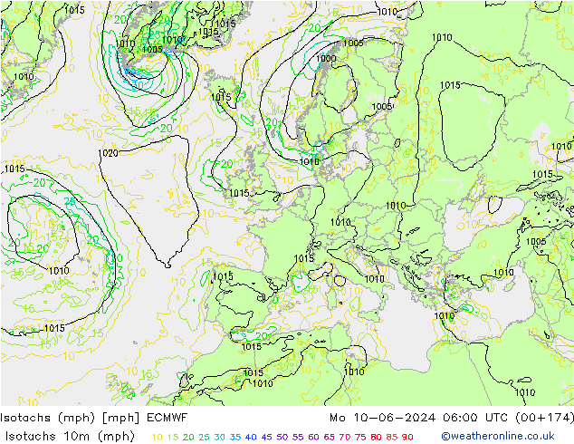Isotachs (mph) ECMWF  10.06.2024 06 UTC