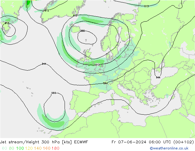 Jet stream/Height 300 hPa ECMWF Fr 07.06.2024 06 UTC