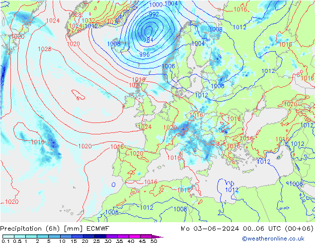 Prec 6h/Wind 10m/950 ECMWF lun 03.06.2024 06 UTC