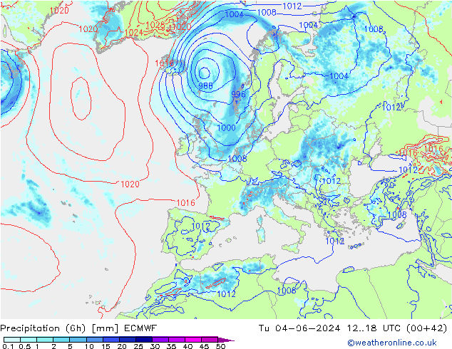 Z500/Rain (+SLP)/Z850 ECMWF wto. 04.06.2024 18 UTC