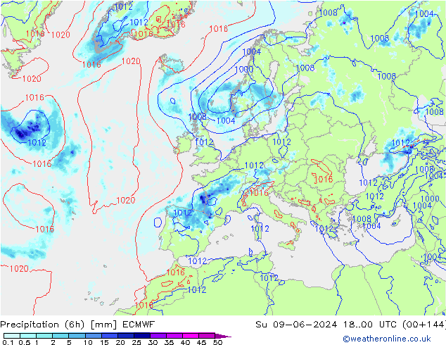 Precipitazione (6h) ECMWF dom 09.06.2024 00 UTC